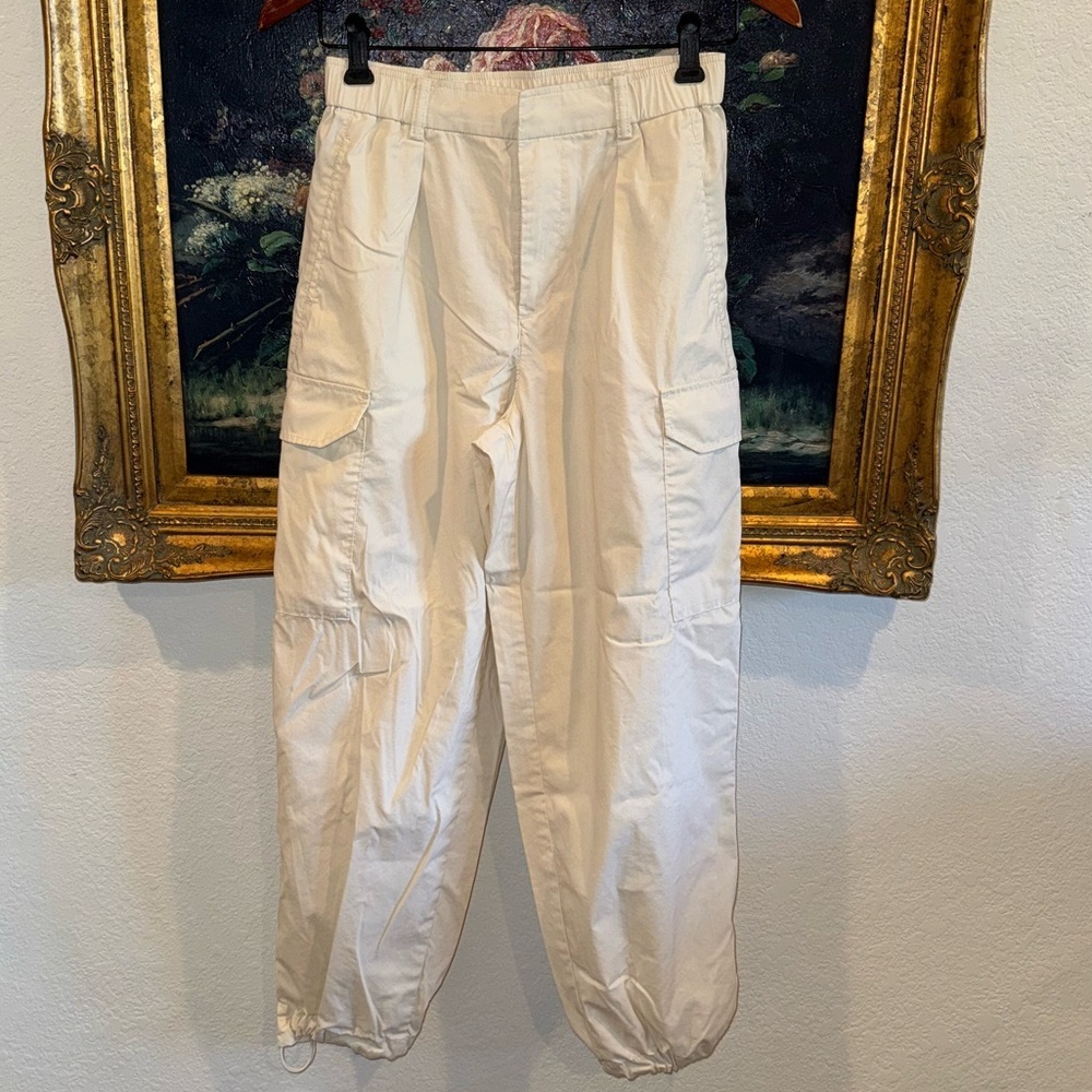 Uniqlo Ivory Cotton High Waist Cargo Style Casual Baggy Cinch Ankle Pants Small - Picture 2 of 10